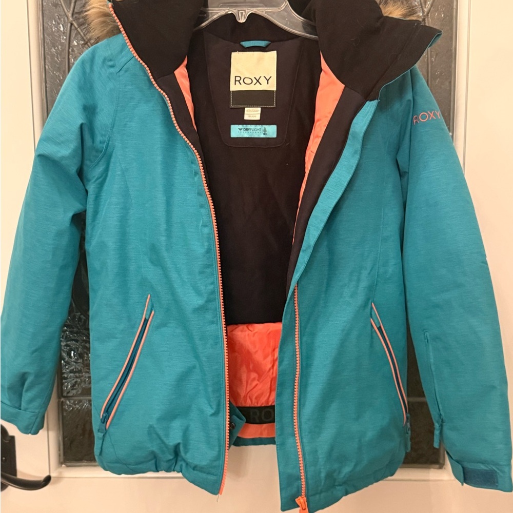 Roxy Teal Kids Puffer Jacket with Orange Lining and Faux Fur Hood Trim